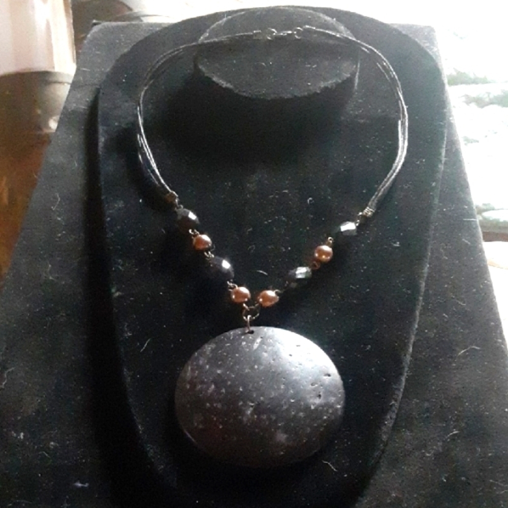 Bold Black and Brown Necklace with Circular Pendant and Earthy Beads